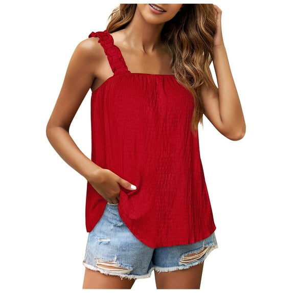 JGGSPWM Womens Ruffle Strap Solid Top and Blouse Dressy Casual Plain Tunic Tees Square Neck Sleeveless Shirts Red M