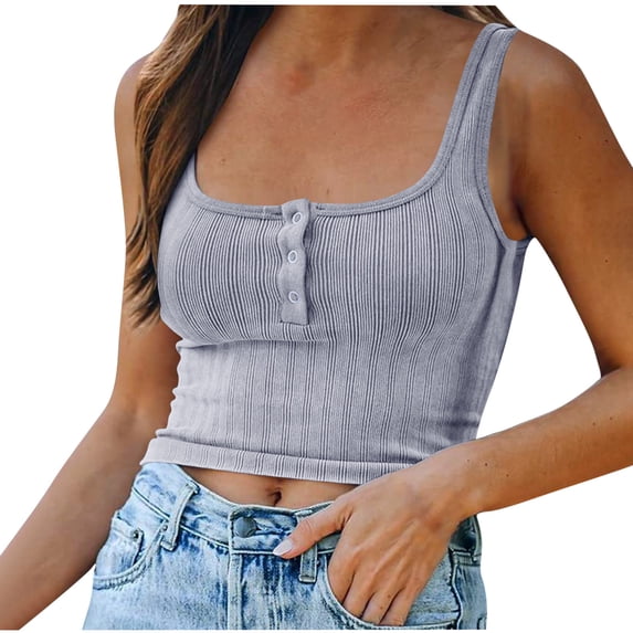 JGGSPWM Womens Scoop Henley Neck Crop Tank Tops Summer Ribbed Fitted SSleeveless Cropped Shirt Camisole Gray M