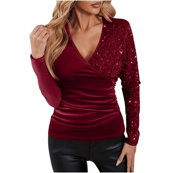 JGGSPWM Womens Sequin Patchwork Velvet Long Sleeve V-Neck Tops Glitter Sparkly Party Blouse Trendy Shirts Red XXL