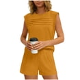 thumbnail image 1 of JGGSPWM Womens Sets 2 Piece Outfits Summer Solid Color Shorts and Cap Sleeve Front Pleated Round Neck Top Set Matching Lounge Sets for Travel Vacation Yellow L, 1 of 8