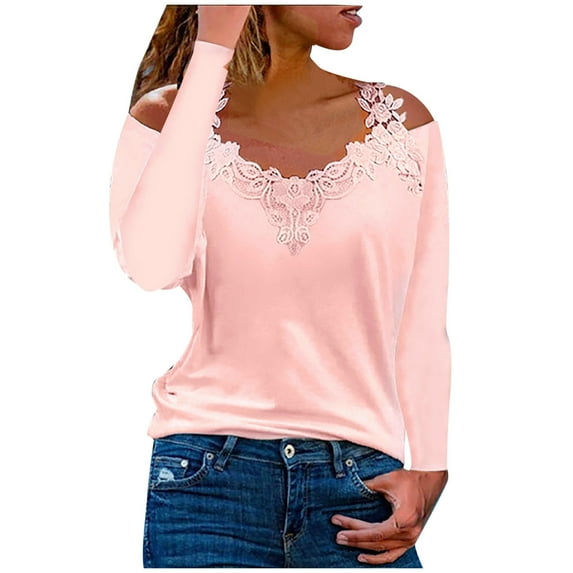 JGGSPWM Womens Sexy Cold Shoulder Tops Casual Long Sleeve Fall Blosue Lace Crochet Halter Neck T-Shirts Pink S