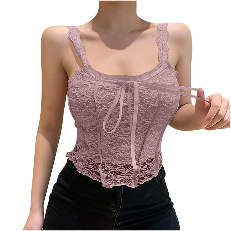 JGGSPWM Womens Sexy Lace Cropped Vest Sleeveless T-shirts Slim Fit Tank Top  Deep Square Neck Tunic Sexy Y2k Teen Girl Camisoles Petite Tees Pink L