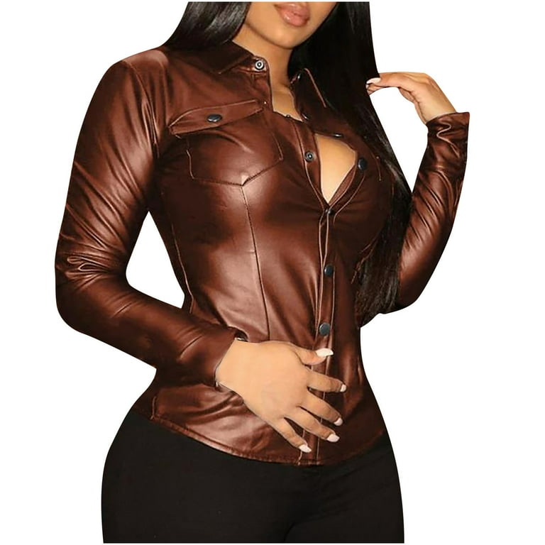 JGGSPWM Womens Sexy PU Faux Leather Long Sleeves Lapel Neck