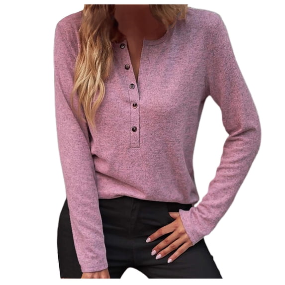 JGGSPWM Womens Shirts Going Out Casual Blouse Adorable V Neck Solid Henley Long Sleeve Pullover Tops Pink L