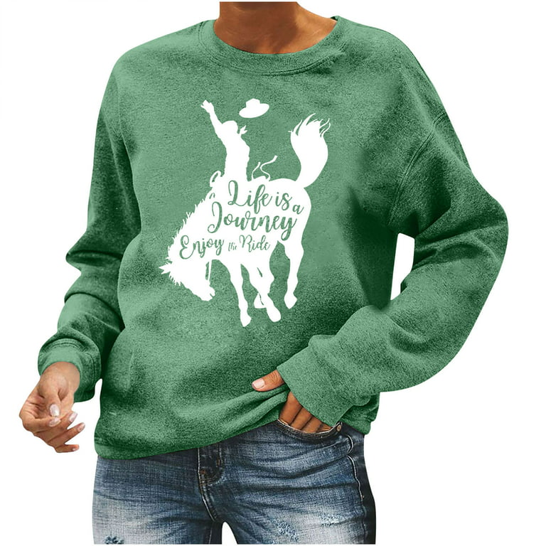 JGGSPWM Womens Shirts Long Sleeve Horse Print Sweatshirts Letter