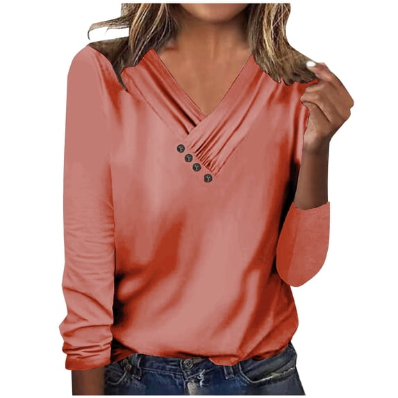 JGGSPWM Womens Shirts Long Sleeve Pullover Tops Button V Neck Classic Lovely Cozy Solid Blouse Pink L