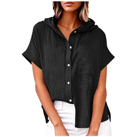 JGGSPWM Womens Short Sleeve Cotton Linen Button Down Shirts V Neck Collared Plain Blouses Tops with Pockets Black XL