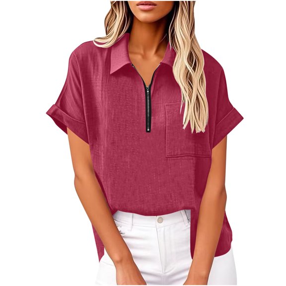 JGGSPWM Womens Short Sleeve Cotton Linen Shirts V Neck Collared Plain Blouses Tops with Zipper Pockets Red S