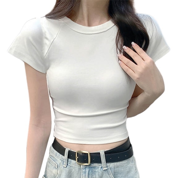 JGGSPWM Womens Short Sleeve Crop Top Crew Neck Shirt Solid Slim Fitted Casual Base Soft Workout Shirt Going Out Tops White S