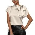 thumbnail image 1 of JGGSPWM Womens Silk Satin Bow Tie Neck Short Sleeve Button Down Dressy Casual Office Work Elegant Blouses Tops Beige S, 1 of 7