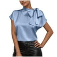 thumbnail image 1 of JGGSPWM Womens Silk Satin Bow Tie Neck Short Sleeve Button Down Dressy Casual Office Work Elegant Blouses Tops Blue S, 1 of 7