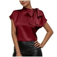 thumbnail image 1 of JGGSPWM Womens Silk Satin Bow Tie Neck Short Sleeve Button Down Dressy Casual Office Work Elegant Blouses Tops Wine S, 1 of 7