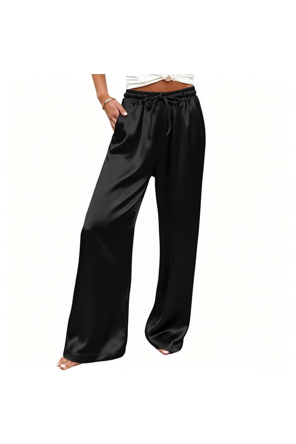 Womens Silk Satin Pants Casual Loose Lounge Pants Elastic Waist Drawstring Flowy Wide Leg Trousers with Pockets Black M