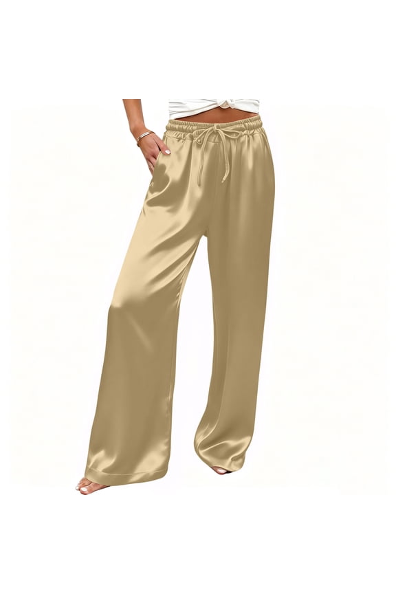 Womens Silk Satin Pants Casual Loose Lounge Pants Elastic Waist Drawstring Flowy Wide Leg Trousers with Pockets Yellow M