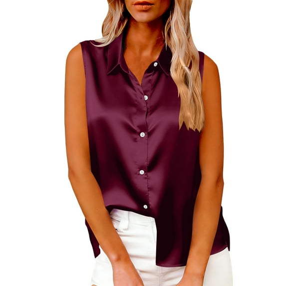 JGGSPWM Womens Silk Satin Sleeveless Button Down Shirts Blouses Solid Casual Loose V Neck Classic Tank Tops for Work Office Red L
