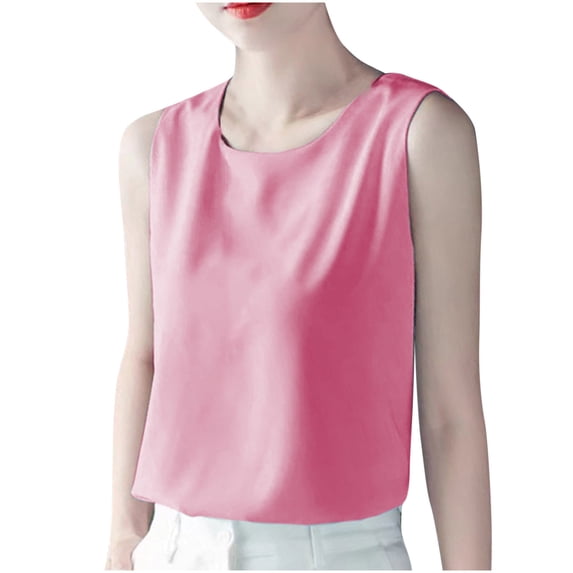 JGGSPWM Womens Silk Satin Tank Tops Summer Breathable Comfortable Tank Shirt Round Neck Sleeveless Blouse Camisole Pink M