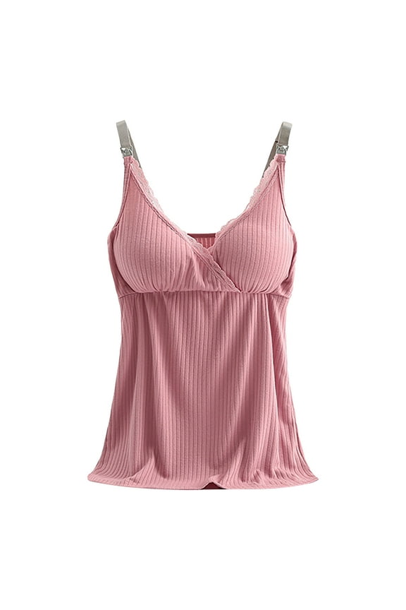 Womens Sleeveless Lace Trim Camisole with Removeable Bra Tank Tops Solid Modal Knit Cami Adajustable Strap Vest Soft Comfy Tees Shirts Summer Tops Basic Breastfeeding Blouse Pink XXL