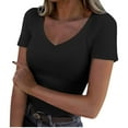 thumbnail image 1 of JGGSPWM Women Loose Polluer Solid Color V Neck Blouse Shirt Ribbed Fitted Tight T-shirt Short Sleeve Basic Knit Top Black L, 1 of 5