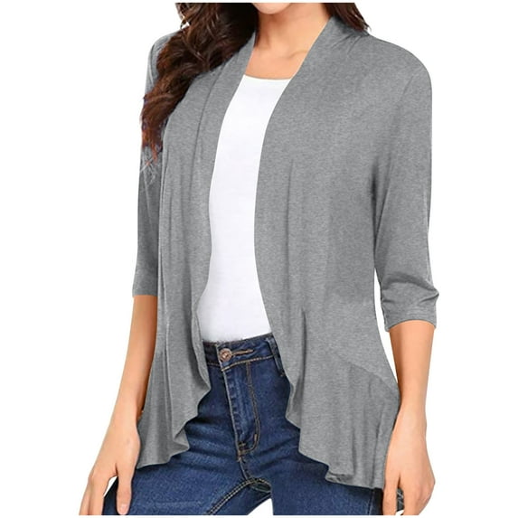 JGGSPWM Womens Soft Comfy Solid Ruffle Shrugs Cardigans Open Front 3/4 Sleeve Shirts Cozy Trendy Basic Tunic Cardigan Gray XL