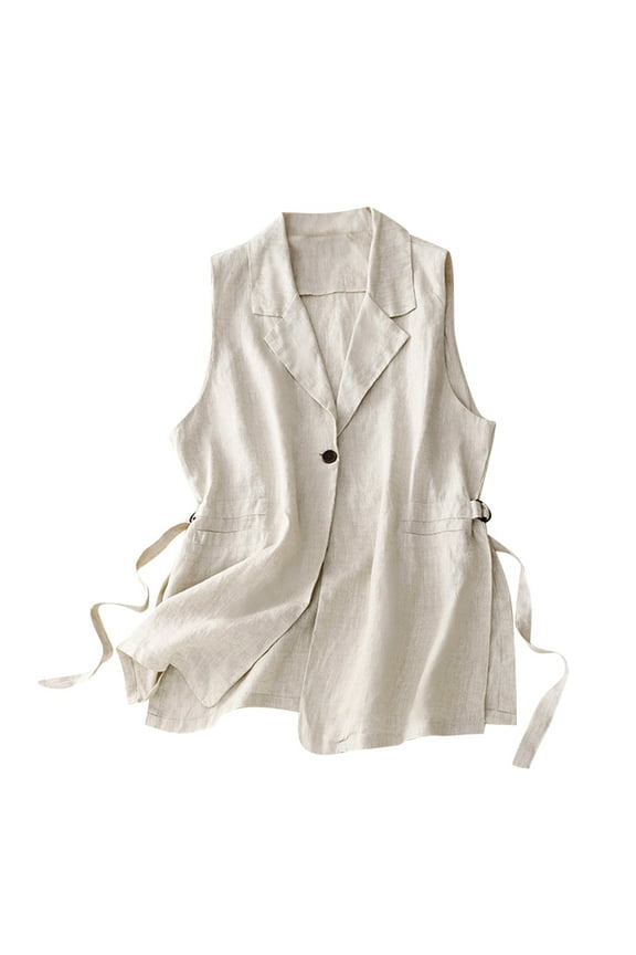 Womens Solid Belted Button Down Cotton Linen Cardigan Leisure with Pocket Tunic Cardigan V Neck Sleeveless Shirts Beige XXL