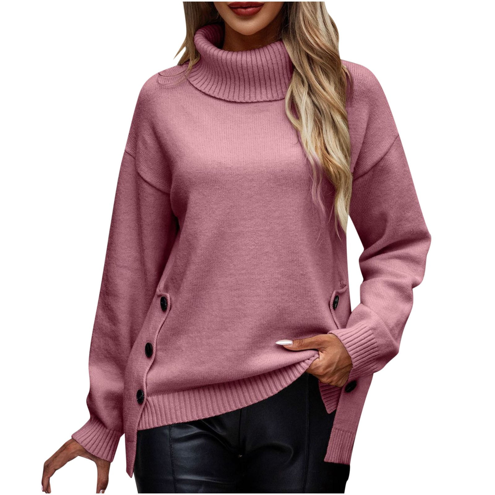 JGGSPWM Womens Solid Button Split Hem Sweaters Turtleneck Sweaters Long 