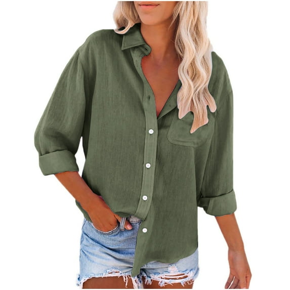 JGGSPWM Womens Solid Casual Cotton Linen Button down Shirts Loose Fit Lapel Collared Work Blouse Long Sleeve Tops with Pocket Army Green XXL