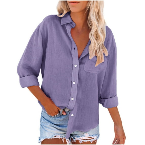 JGGSPWM Womens Solid Casual Cotton Linen Button down Shirts Loose Fit Lapel Collared Work Blouse Long Sleeve Tops with Pocket Purple L