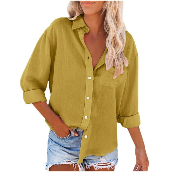 JGGSPWM Womens Solid Casual Cotton Linen Button down Shirts Loose Fit Lapel Collared Work Blouse Long Sleeve Tops with Pocket Yellow XXL