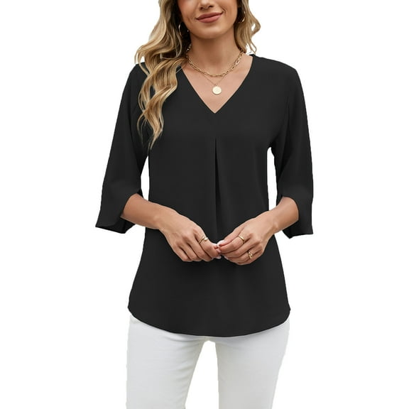 JGGSPWM Womens Solid Color 3/4 Length Sleeve Tops Dressy Casual V Neck Business Chiffon Blouses Pleated Trendy Work Shirts Black XL