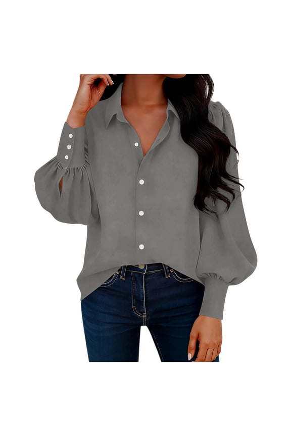 Womens Solid Color Button Down Shirts Smocked Cuff Long Sleeve Blouses Spring Fall Fashion Casual Collar Work Tops Gray L