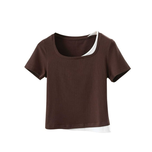 JGGSPWM Womens Solid Color Cotton Crop Tops Fashion Short Sleeves Square Neck Faux Two Pieces Casual Basic Slim Fit Blouse Tee Shirts Coffee XL