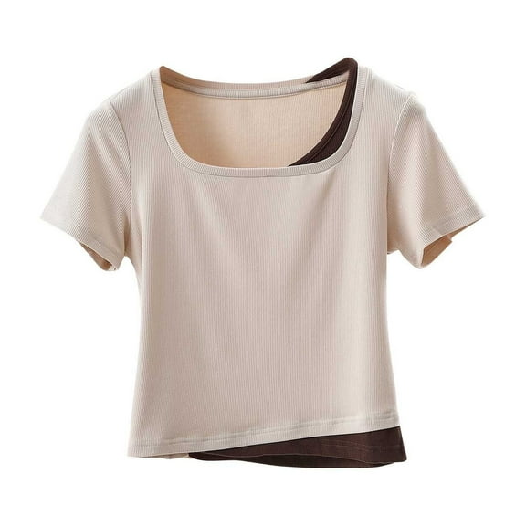 JGGSPWM Womens Solid Color Cotton Crop Tops Fashion Short Sleeves Square Neck Faux Two Pieces Casual Basic Slim Fit Blouse Tee Shirts Khaki M