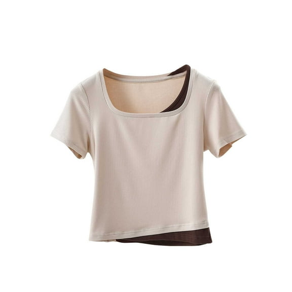 JGGSPWM Womens Solid Color Cotton Crop Tops Fashion Short Sleeves Square Neck Faux Two Pieces Casual Basic Slim Fit Blouse Tee Shirts Khaki XL