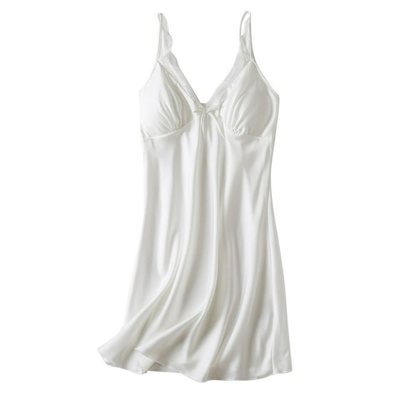 JGGSPWM Womens Solid Color Nightgown with Chest Pad Loose Regular Bathrobe Home Nightdress Sexy V-Neck Halter Dress Backless Short Mini Dresses White L