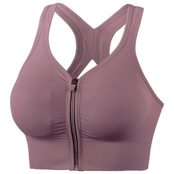 JGGSPWM Womens Solid Color Zip Front Sports Bra Back Gathered Tank Top Wireless Paded Yoga Workout Running Bras Purple XL