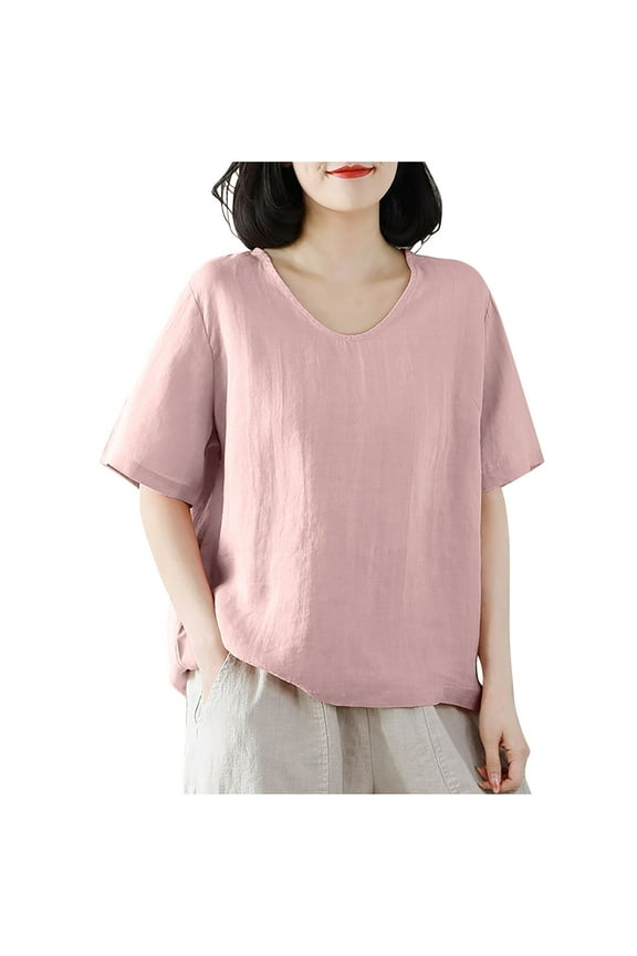 Womens Solid Cotton Linen Short Sleeve Crew Neck Comfy Plain Tops Loose Blouse for Summer Pink L