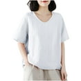 thumbnail image 1 of JGGSPWM Womens Solid Cotton Linen Short Sleeve Crew Neck Comfy Plain Tops Loose Blouse for Summer White XL, 1 of 7