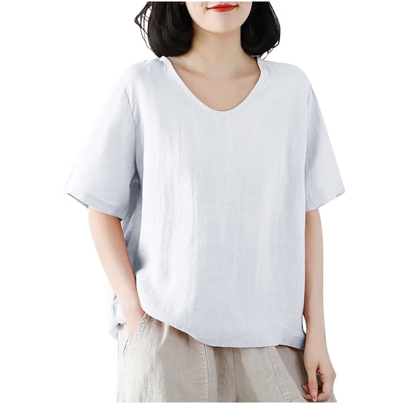 JGGSPWM Womens Solid Cotton Linen Short Sleeve Crew Neck Comfy Plain Tops Loose Blouse for Summer White XL