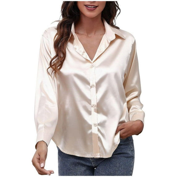 JGGSPWM Womens Solid Faux Silk Satin Button Down Blouse Casual Tees Lapel V Neck Cozy Classic Long Sleeve Tops Rose Gold S