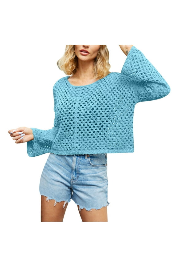Womens Solid Hollow Cropped Sweaters Pretty Tops Crewneck Long Sleeve Sweatshirt Casual Jumper Cotton Pullover Blue M