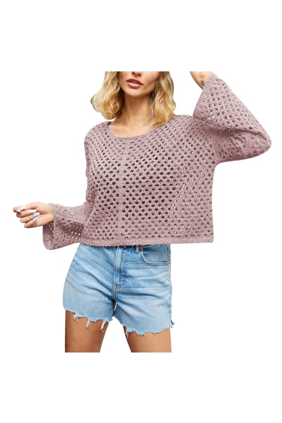 Womens Solid Hollow Cropped Sweaters Pretty Tops Crewneck Long Sleeve Sweatshirt Casual Jumper Cotton Pullover Purple L