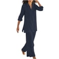 thumbnail image 1 of JGGSPWM Womens Solid Lapel Long Sleeve Button Up Shirt and Elastic Waist Pants Sets Vintage Cotton Linen 2 Piece Outfits Casual Tracksuit Lounge Set Blouse with Capris Trousers Set Dark Blue S, 1 of 6