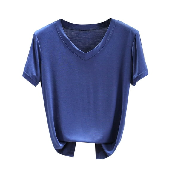 JGGSPWM Womens Solid Short Sleeved V Neck Tees Solid Color T-Shirt Tops Blue XL