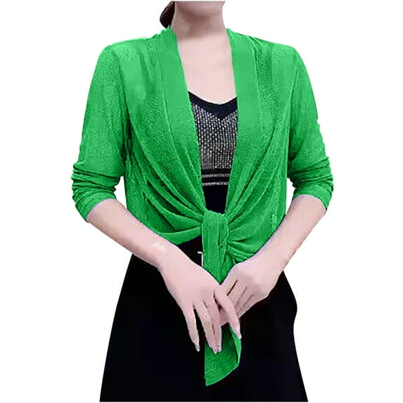 JGGSPWM Womens Solid Shrug Tie Top Open Front Cardigan Lightweight Pleated Ruched Blouse Green XXL
