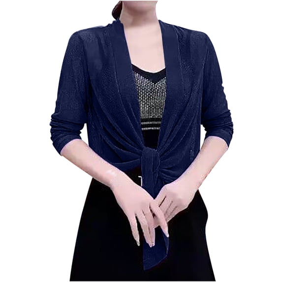 JGGSPWM Womens Solid Shrug Tie Top Open Front Cardigan Lightweight Pleated Ruched Blouse Navy XXXXXL