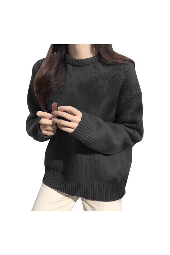 Womens Solid Sweaters Adorable Tops Fancy Jumper Crew Neck Long Sleeve Sweatshirt Cotton Pullover Black One Size