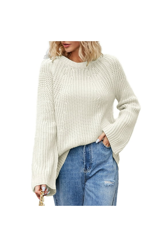 Womens Solid Sweaters Crew Neck Long Sleeve Sweatshirt Cute Tops Junior's Pullover Basic Jumper Beige S