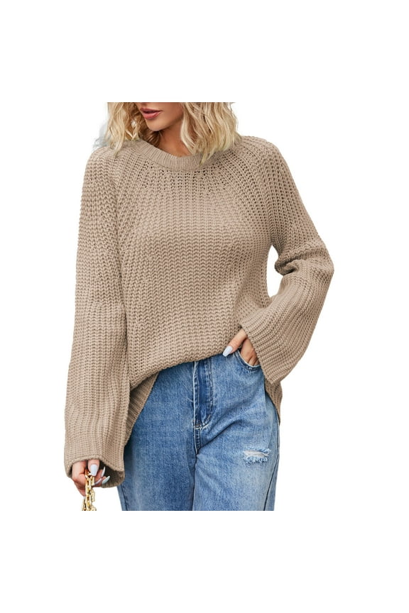 Womens Solid Sweaters Crew Neck Long Sleeve Sweatshirt Cute Tops Junior's Pullover Basic Jumper Khaki L