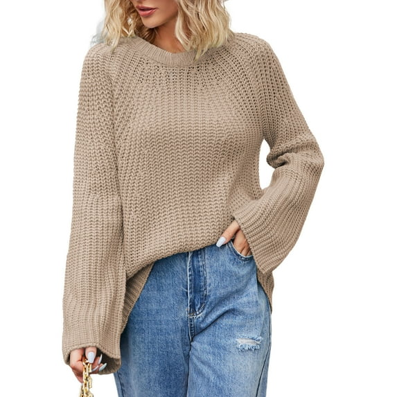 JGGSPWM Womens Solid Sweaters Crew Neck Long Sleeve Sweatshirt Cute Tops Junior's Pullover Basic Jumper Khaki M
