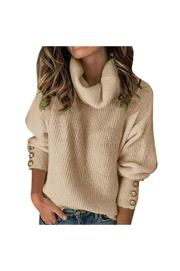 Womens Solid Sweaters Fancy Tops Button Decor Sleeve Jumper Turtleneck Long Sleeve Sweatshirt Pretty Pullover Khaki XXL